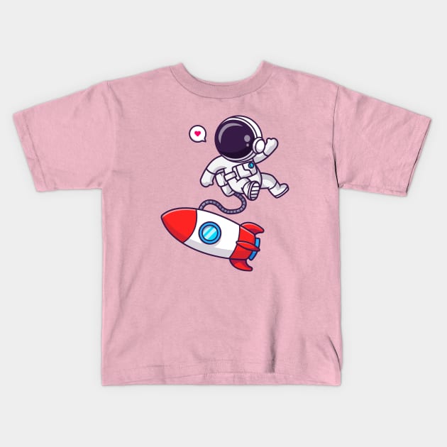 Cute Astronaut Floating With Rocket In Space Cartoon Kids T-Shirt by Catalyst Labs
